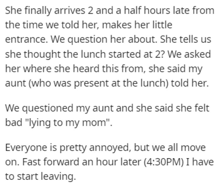 Soon after the mom arrived, people started leaving the party, along with OP