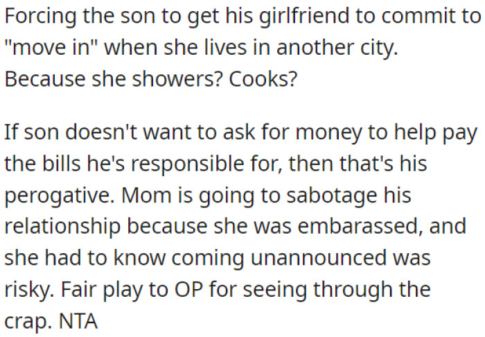 The mother's interference is causing issues in their relationship.