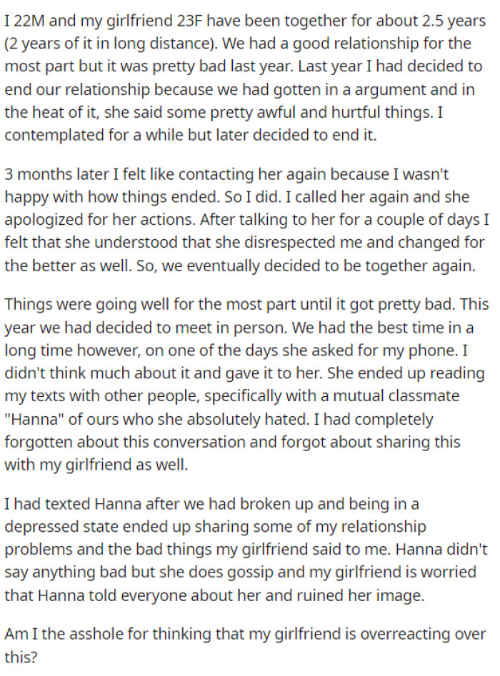 OP explains his situation and tells us the events that happened, as well as what occurred with his ex-girlfriend after she saw the messages.