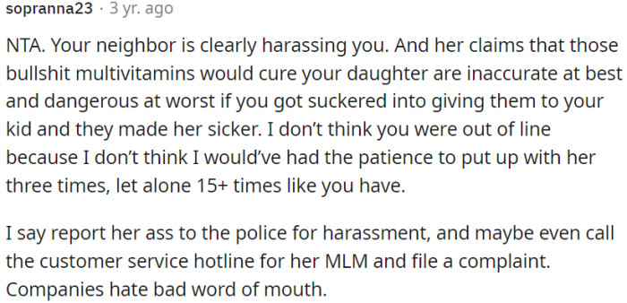 OP should report her to the police for harassment and file a complaint with her MLM's customer service hotline.