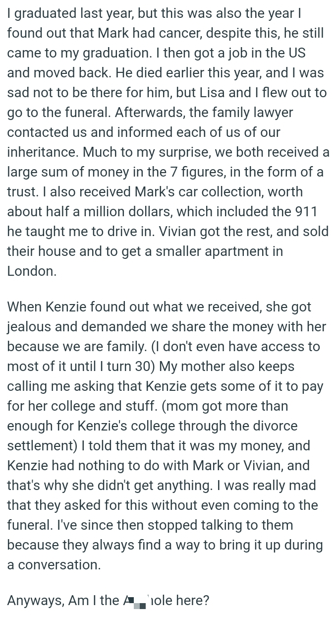 OP's stepsister got jealous and demanded they share the money with her