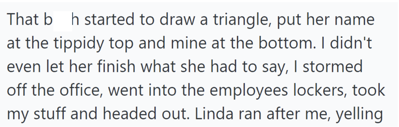 She started to draw a hierarchy chart, but OP left abruptly, grabbing her things and leaving.