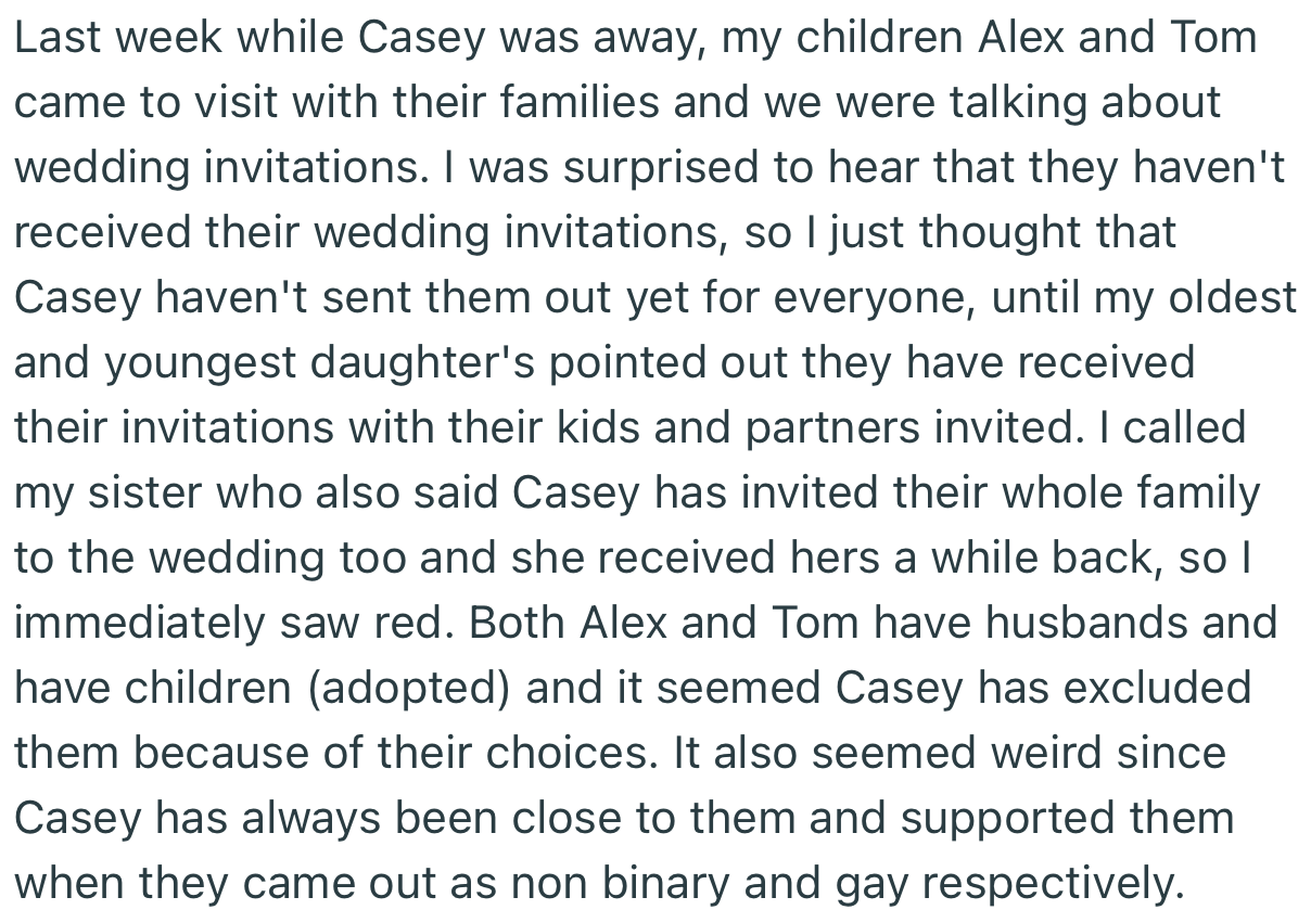 OP discovered that his daughter, Casey, had sent out invitations for her wedding to everyone except her brothers, Alex and Tom