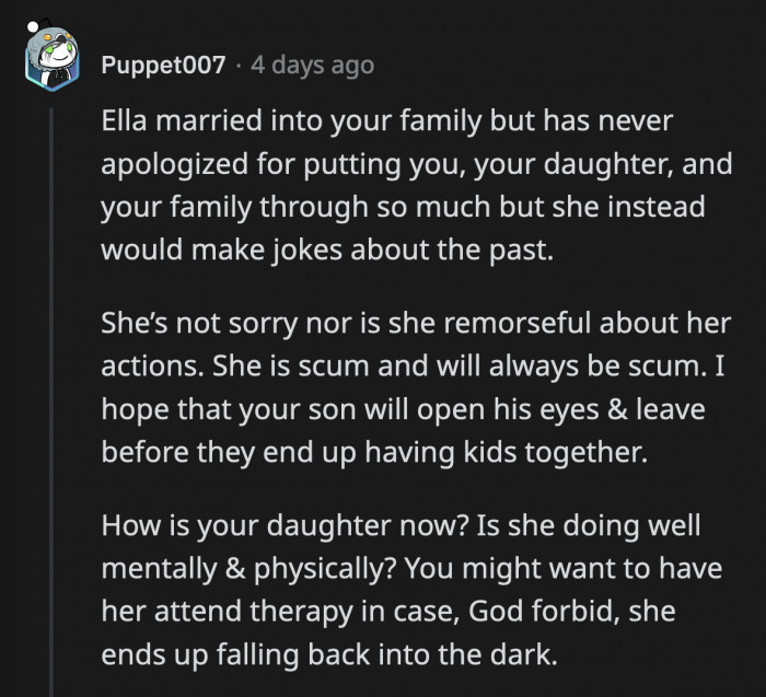 She did not display any growth or maturity whatsoever despite the many years since the bullying happened