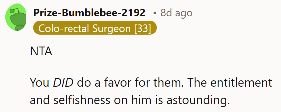 Seems she's in the generosity lane, while he's stuck in the entitlement traffic.