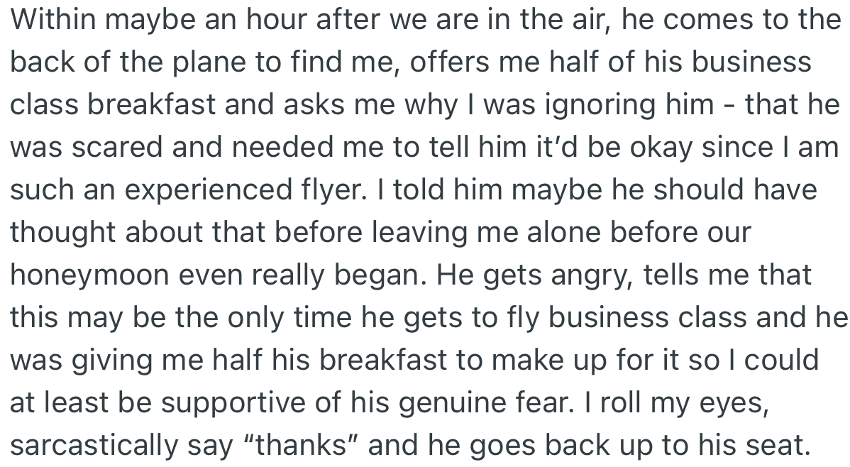 OP's Husband Later Offered Her Half of His Business Class Breakfast as a Peace Gesture, While Seeking Sympathy from Her for His Flying Anxiety