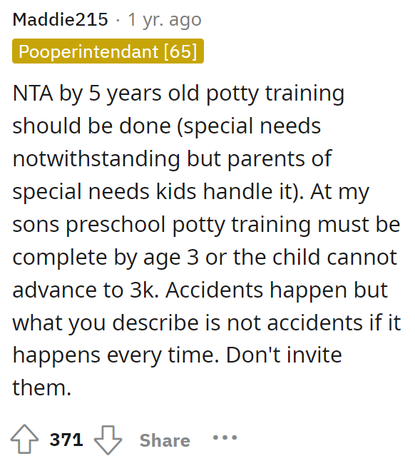 The child should definitely be potty trained, and if they aren't, then there is a significant problem here that may need to be addressed.