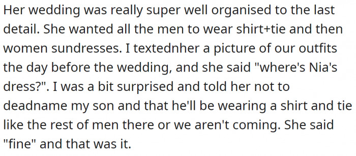 He told her not to deadname his son, and she agreed.