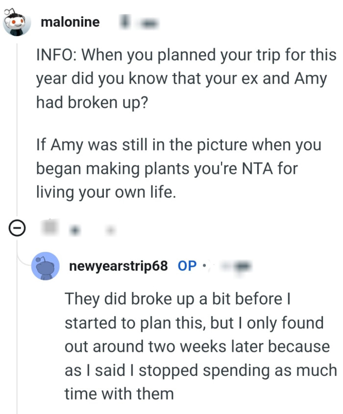 The OP was already making plans before she knew they weren't together