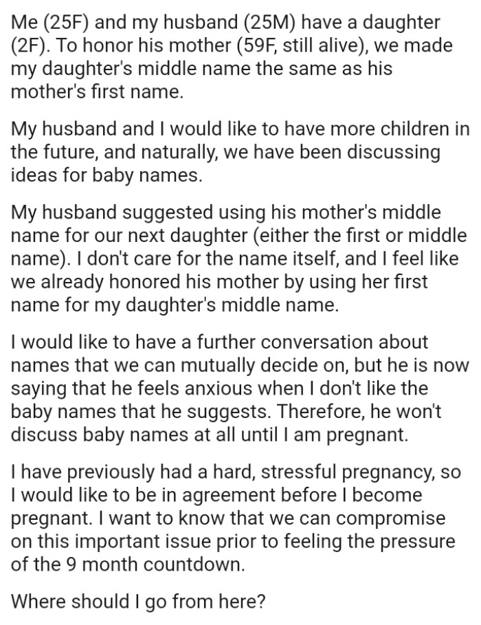 The OP would like to have a further conversation about names that they can mutually decide on, but he's saying that he feels anxious