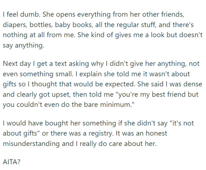 The day of the baby shower arrived, and OP found herself to be the only guest who hadn't brought a gift.