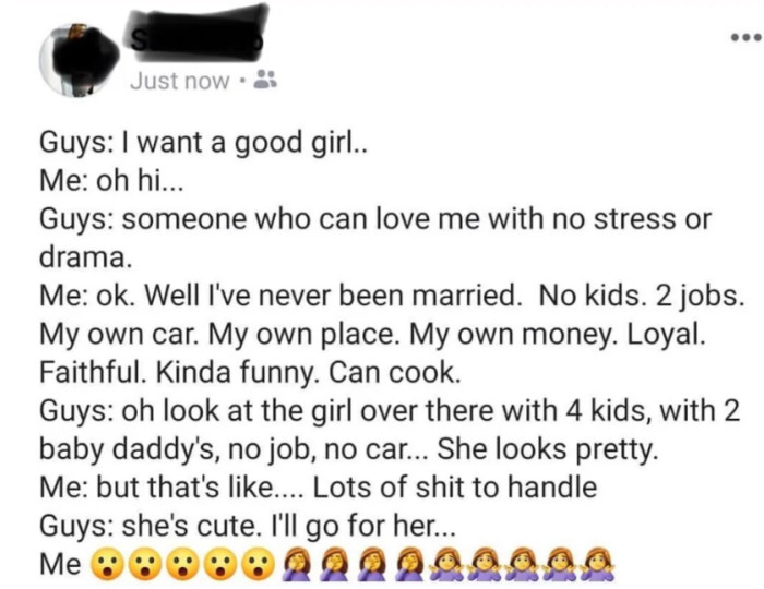 Take a look at this Facebook post. Sucks for the nice girl, right?