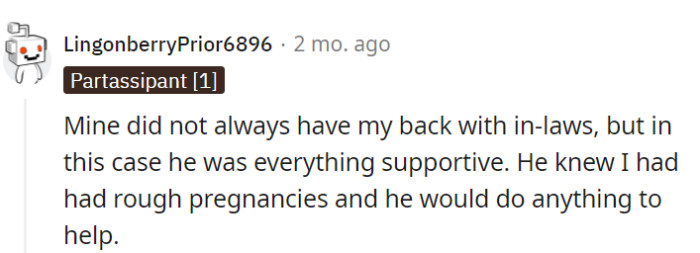 Despite a rocky beginning with the in-laws, this commenter's husband has become her steadfast support when it truly counts, which is what truly matters.