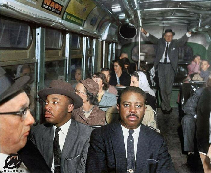 30. Martin Luther King Jr. And Ralph Abernathy Riding On The First Desegregated Bus In Montgomery, Alabama In December 1956