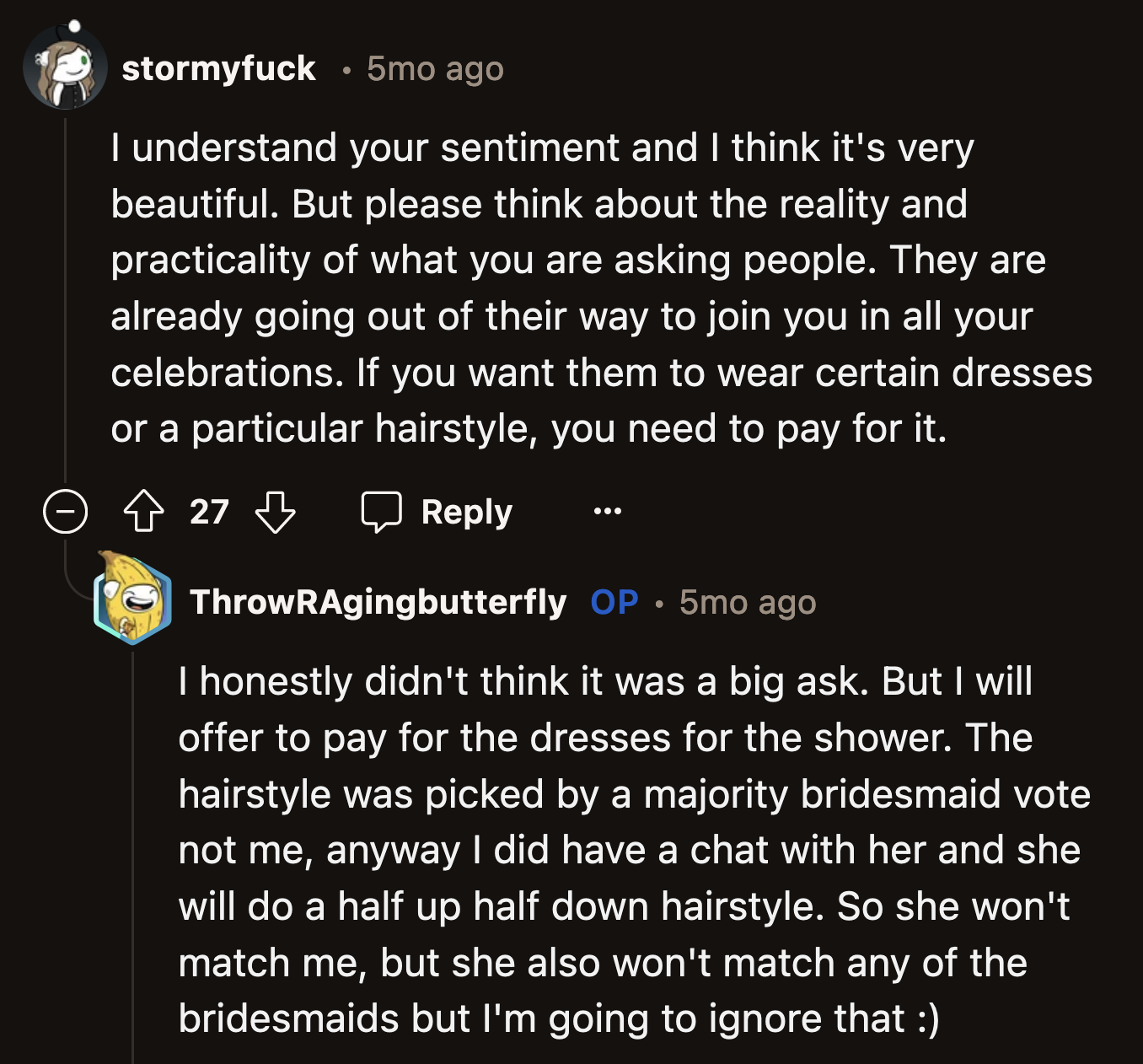 OP clarified in another comment that she would be hosting and paying for the bridal shower. She said she would offer to pay for their rainbow-colored outfits since the theme was her idea.