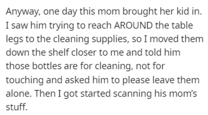 One day, when the two were at the store, OP noticed that the boy was trying to reach around and grab the cleaning supplies
