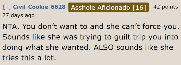 The OP has the right to refuse. After all, she already set her boundaries.