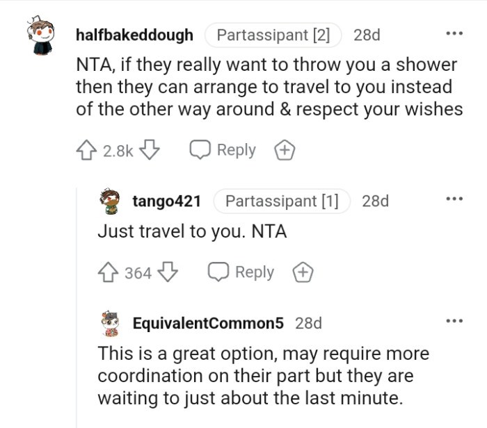 They can travel to the OP's location and throw her a shower