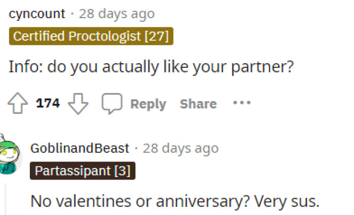 Some people were cracking jokes because it seems that he doesn't exactly 'like' his partner or anything about being in a relationship.