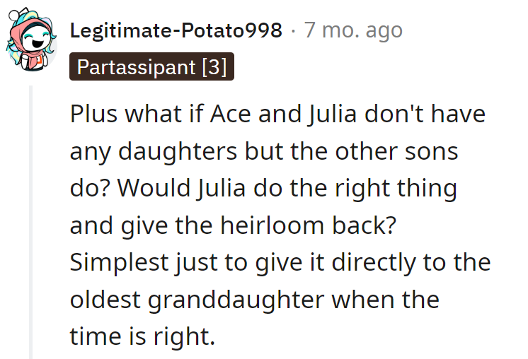 Passing the charm: If Julia draws the short straw on daughters, we might need a family heirloom relay race!