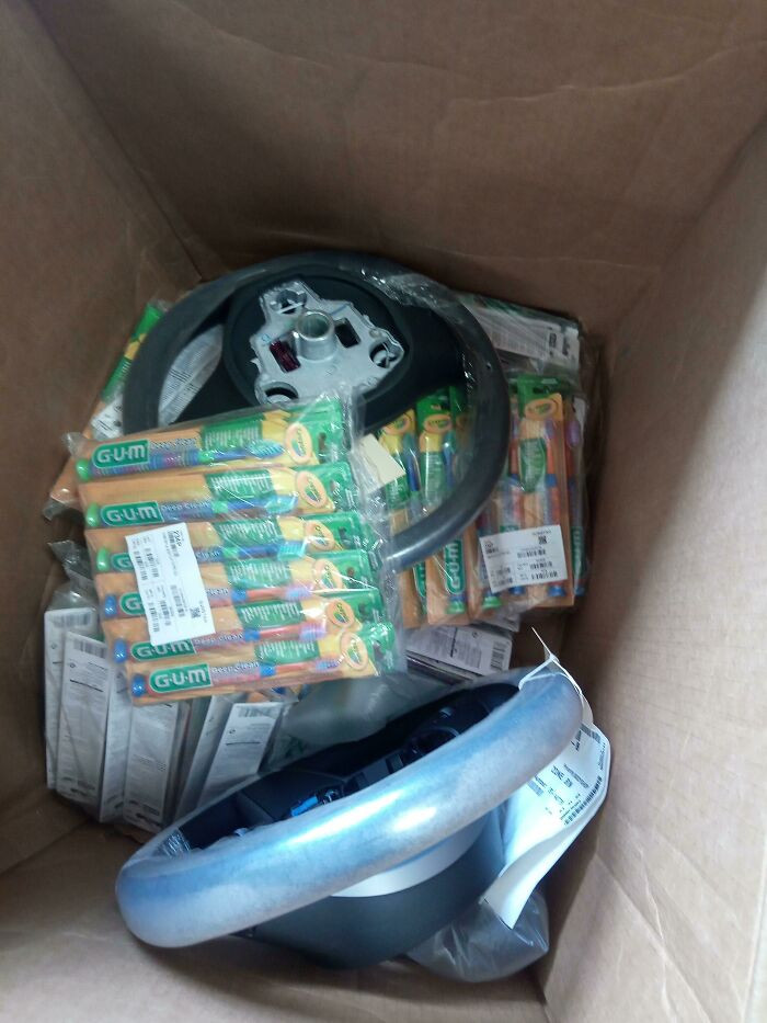 38. We Ordered 1 Tesla Model 3 Steering Wheel. They Sent 2 And Packed Them With 144 Children's Toothbrushes. 12 Packs Of 12. Wtf