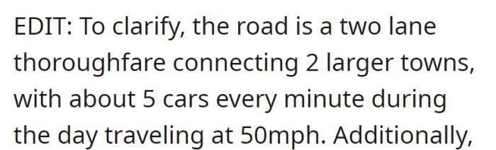 Clarification: Two-lane road connecting towns, 5 cars/minute at 50 mph during the day.