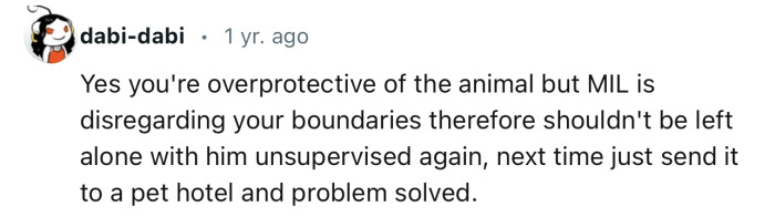 “Yes, you're overprotective of the animal, but MIL is disregarding your boundaries.”