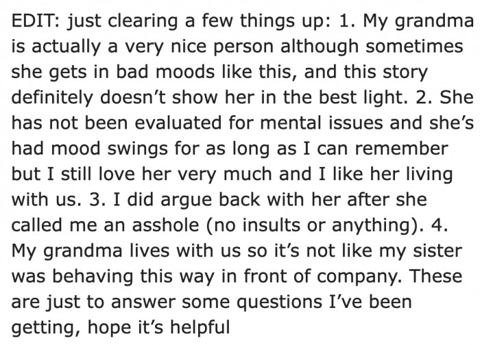 Although the OP's grandma did something unpleasant, the OP still defended her from the Redditors.