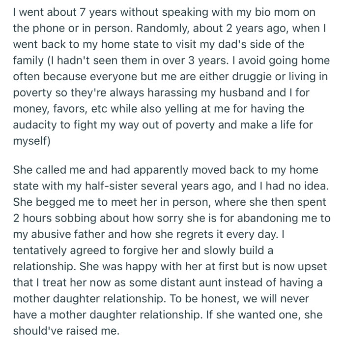 OP’s mom reached out to reconcile after years of being absent in her life. While OP agreed to reconcile, she isn’t keen on building a close relationship with her mom