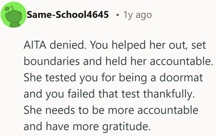 It frames the moment as growth, not rejection, where help came with accountability attached.