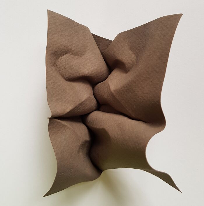 Folded paper portrait form, complex geometric folds creating a sleek face-like shape.