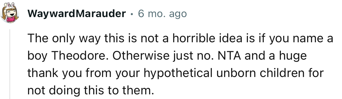 “The Only Way This Is Not a Horrible Idea Is If You Name a Boy Theodore. Otherwise, Just No.”