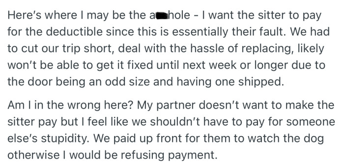 OP wants the dog sitter to pay the $250 deductible that was triggered due to damage, but their partner doesn’t feel it’s right to make them pay