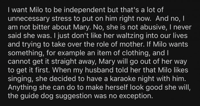 The ex's partner is trying to take over the role of the mother.