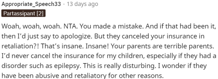 OP's parents' decision to cancel her insurance in retaliation is incredibly disturbing