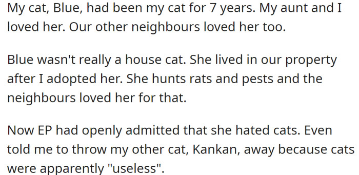 But the OP had two cats, and one wasn't strictly indoors, but the whole neighborhood loved her: