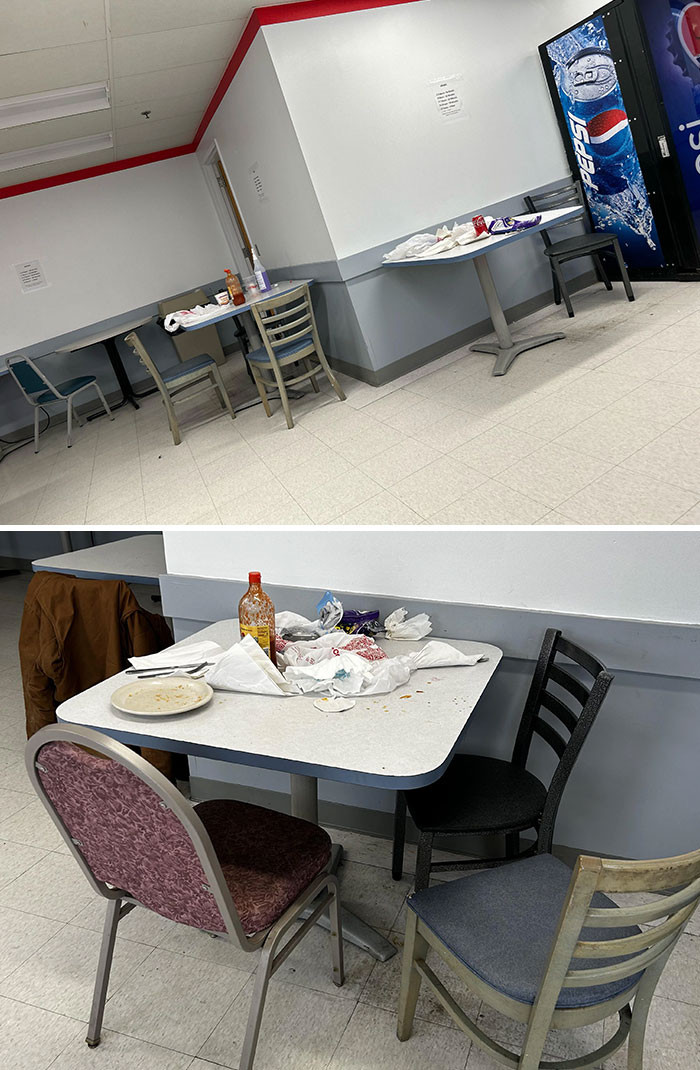 13. The untidy situation that my colleagues created is what I observed. For those who suggest that I should have taken care of the cleaning, I want to clarify that I won't handle another person's mess during my 20-minute break.