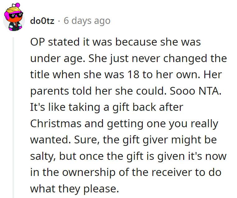OP missed the title switch at 18, but parents said she could. NTA—it's car Christmas, and she's in the driver's seat!