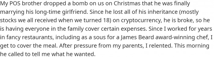 OP's brother dropped a bomb on them on Christmas that he was finally marrying his long-time girlfriend.