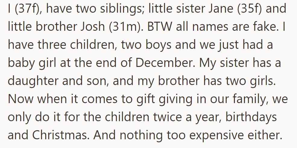 OP and her siblings exchange children's gifts at birthdays and Christmas.