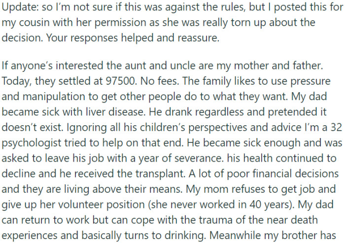 Update: Redditor posts on behalf of cousin in family housing dispute, revealing family's manipulative tendencies and health struggles