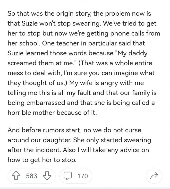 2. However, after that incident, his daughter won't stop swearing.