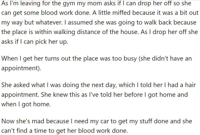 When OP explained that they needed the car for their own appointments, their mother became upset, leaving OP wondering if they were being unreasonable.