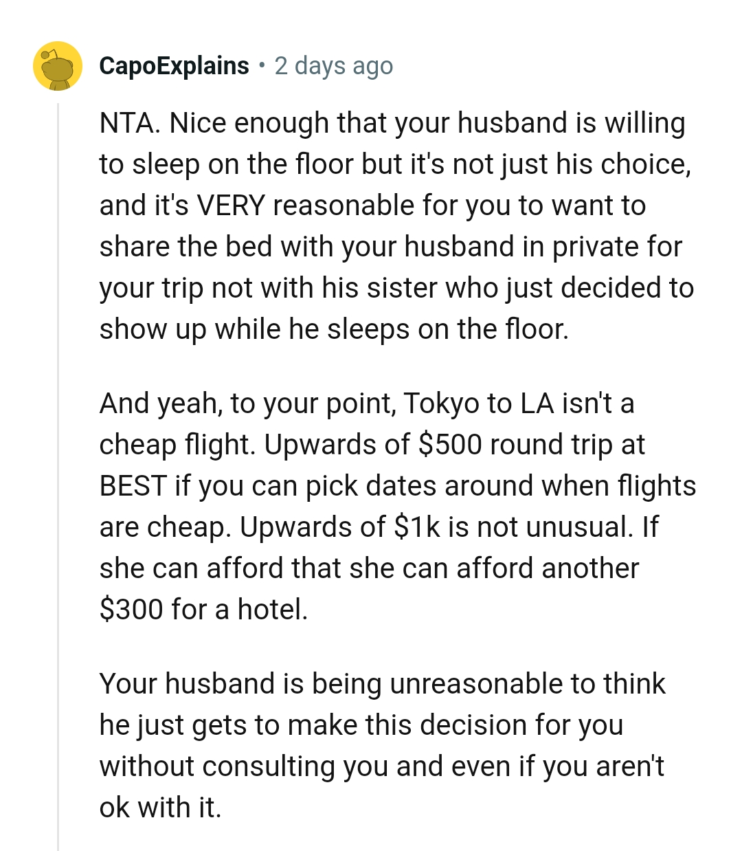 It's very reasonable for the OP to want to share the bed with her husband