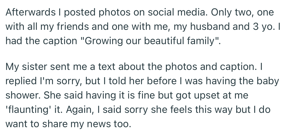 OP posted some lovely photos from her baby shower, only to receive an angry text from her sister for ‘flaunting’ her baby bump