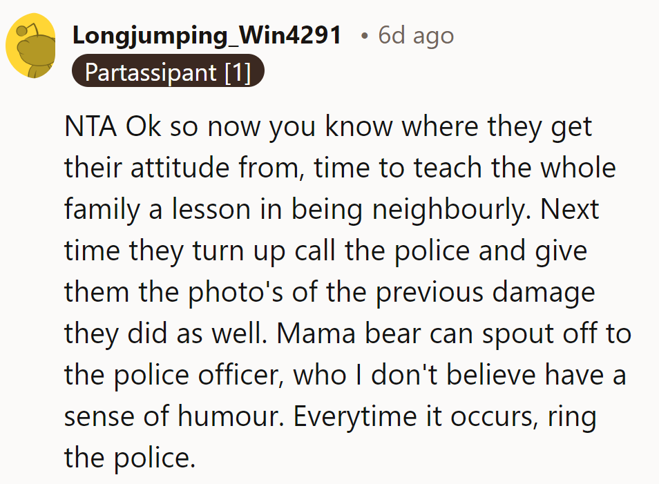 Call the cops next time with damage pics. Mama bear can chat with the officers.