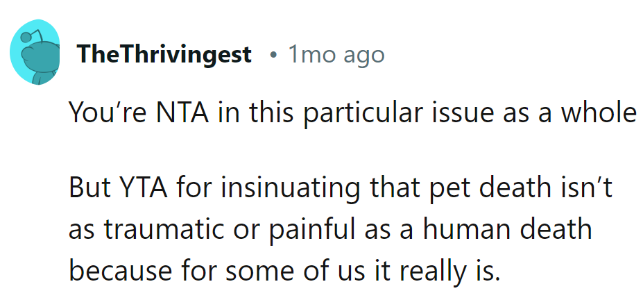 NTA for the issue at hand, but YTA for downplaying the pain of pet loss. It's like saying 'paws off' to others' emotions.