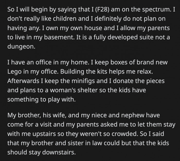 Her brother knew she had an unopened LEGO kit in her office and asked if his kids could play with it because they were bored.