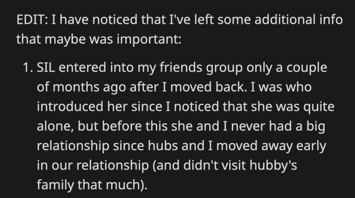 OP added a few details to give more context to her situation