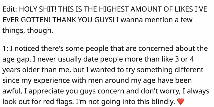 OP wanted to clarify some things after receiving comments, one being the concern of others about their age gap